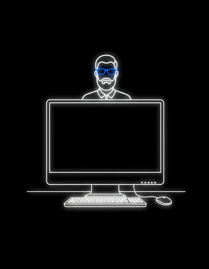 Ilustración neón de Pedro Bisbal asomando tras un monitor
