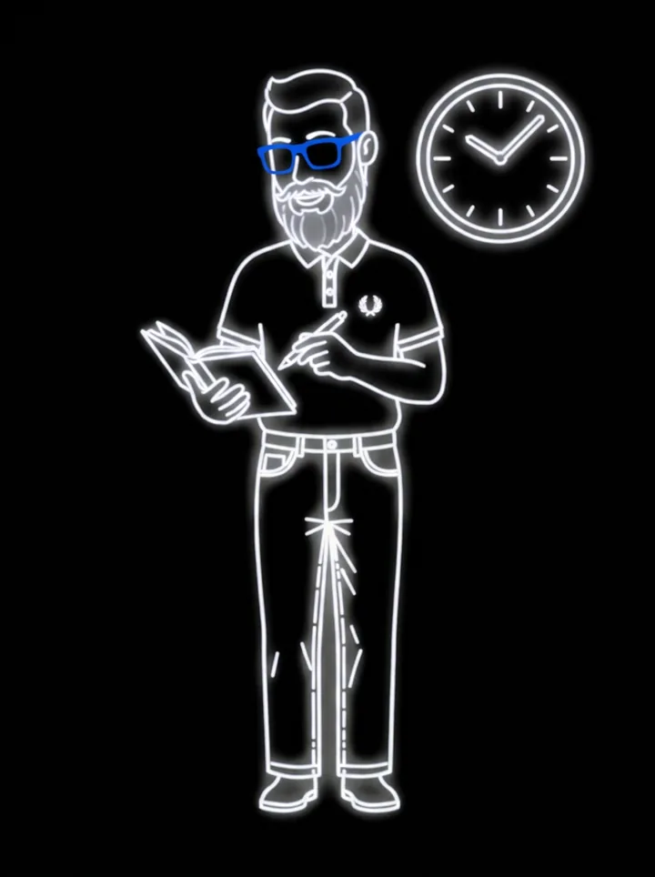Ilustración neón de Pedro Bisbal con una agenda y un reloj